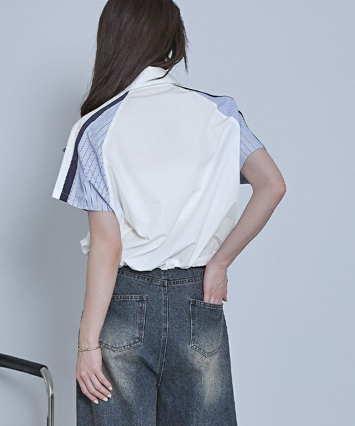 ストライプ切替ジップ半袖シャツ【miette ミエット】【メール便可／100