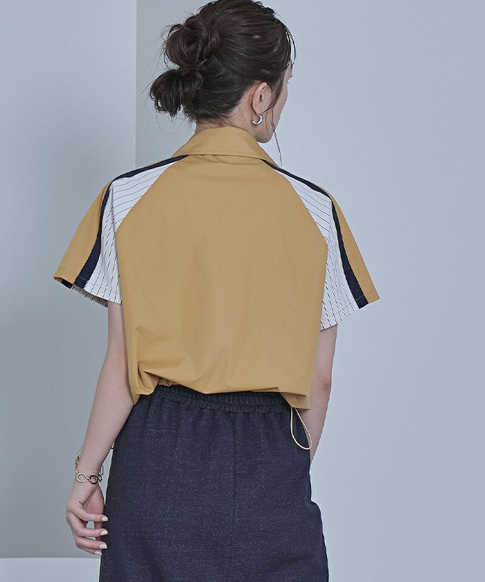 トップス missegg ストライプ切替ジップ半袖シャツ【miette ミエット】【メール便可／100