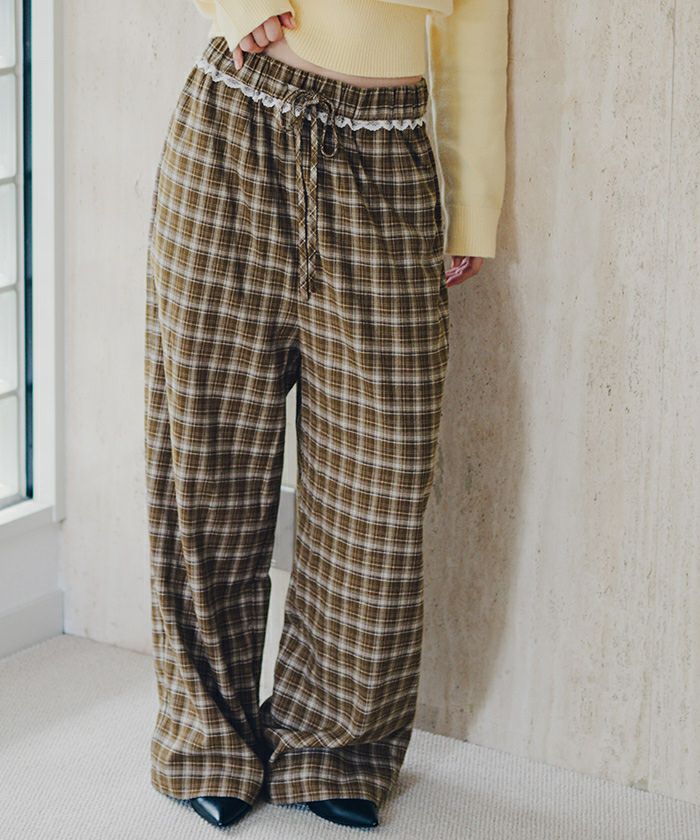 ウエストフリルチェックワイドパンツ【miette ミエット】 | titivate