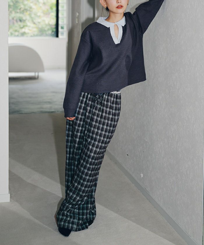ウエストフリルチェックワイドパンツ【miette ミエット】 | titivate