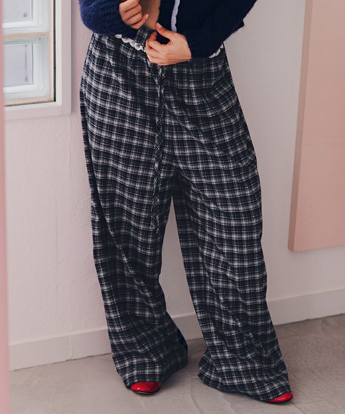 ウエストフリルチェックワイドパンツ【miette ミエット】 | titivate