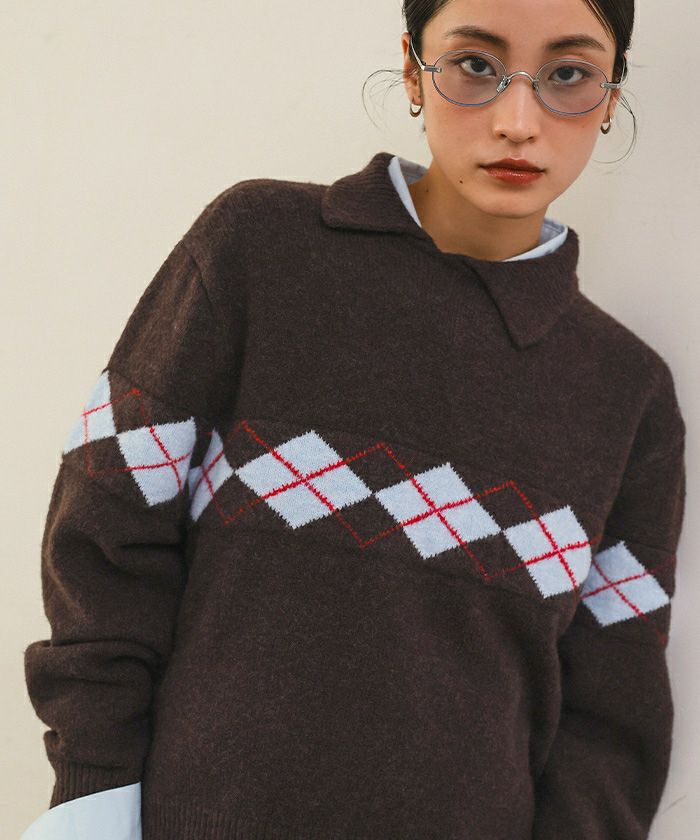 アーガイルアシンメトリーカラーニット【miette ミエット】 | titivate