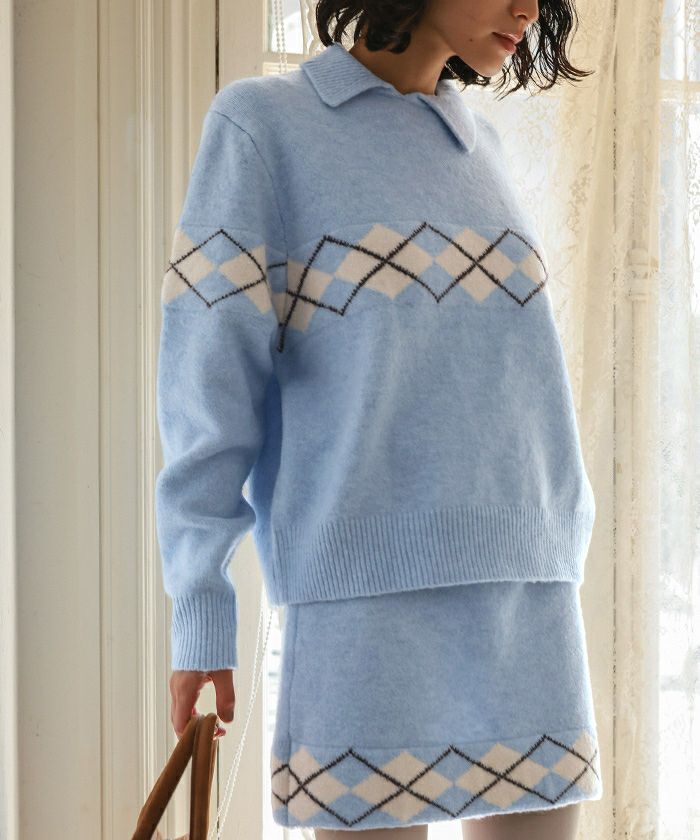 アーガイルアシンメトリーカラーニット【miette ミエット】 | titivate