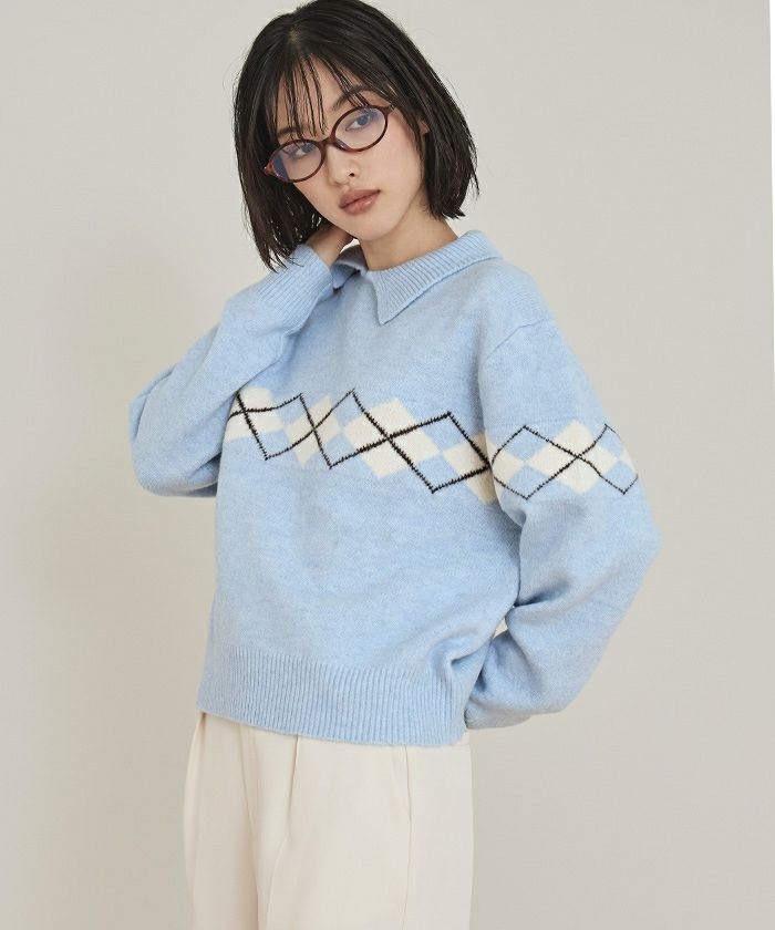 アーガイルアシンメトリーカラーニット【miette ミエット】 | titivate