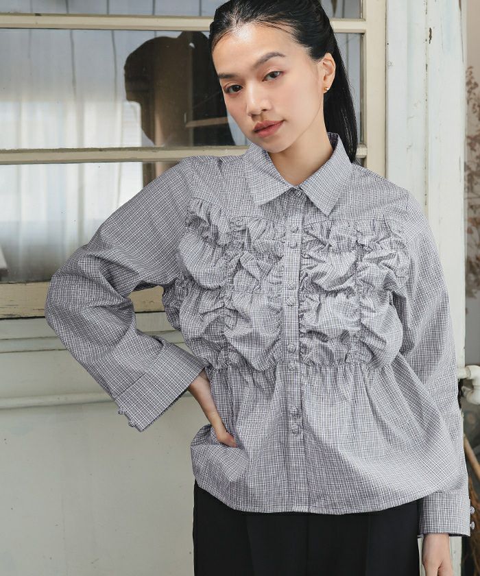 ダブルボタンギャザーデザインブラウス【miette ミエット】【メール便 ダブルボタンギャザーデザインブラウス【miette ミエット】【メール便