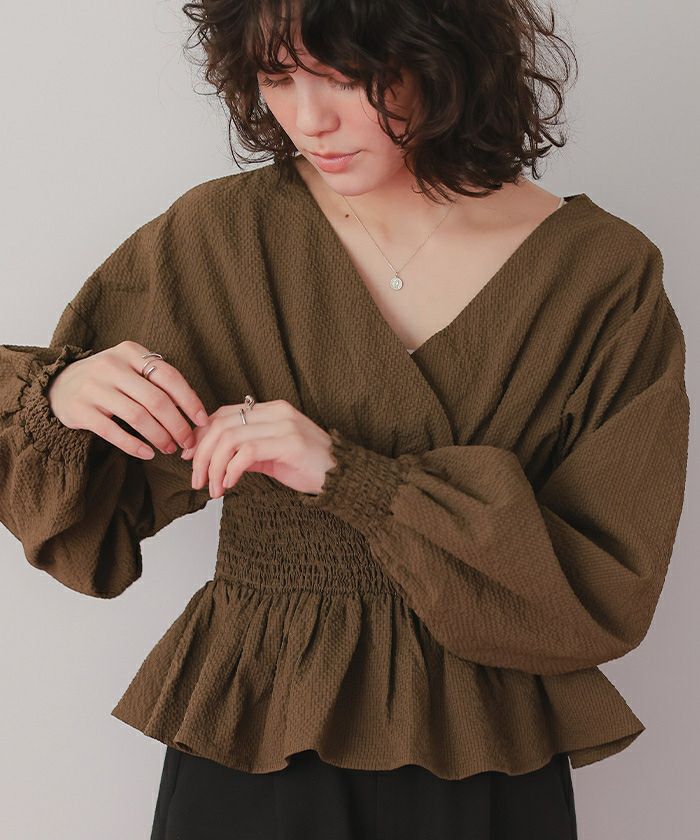 Rintosull ブラトップ付きバルーンカシュクールトップスブラウンMサイズ カシュクールペプラムショートトップス | titivate