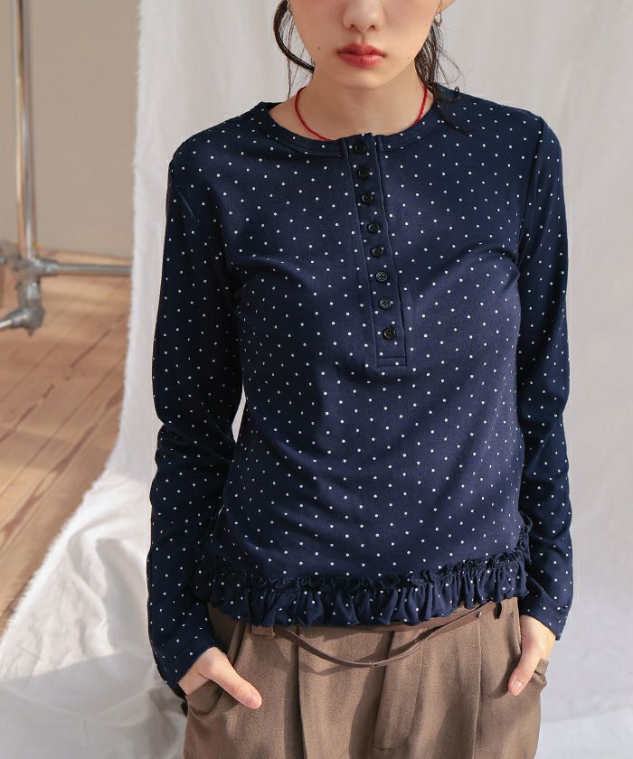 Miette. ページ ドット裾フリルヘンリーネックトップス【miette ミエット】【メール便