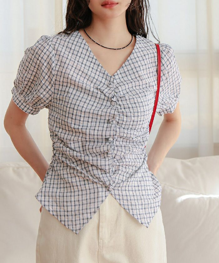 フロントギャザー半袖ブラウス【miette ミエット】【メール便可／100