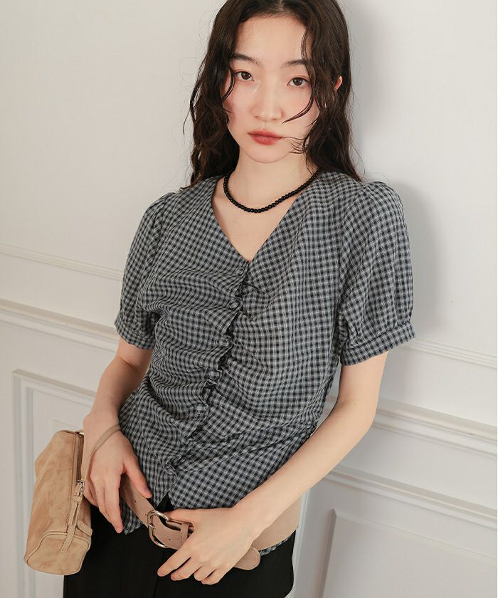 フロントギャザー半袖ブラウス【miette ミエット】【メール便可／100