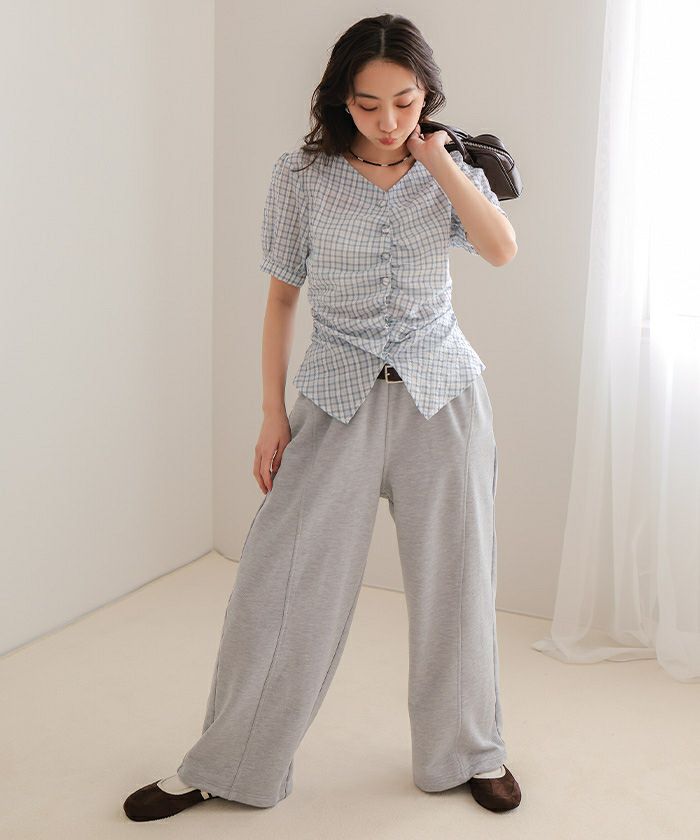 フロントギャザー半袖ブラウス【miette ミエット】【メール便可／100