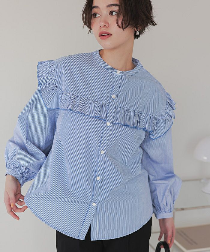 美品 ◆DRESSTERIOR ブラウス　ストライプ　ブルー　コットン　フリル 美品 ◇DRESSTERIOR ブラウス ストライプ ブルー コットン
